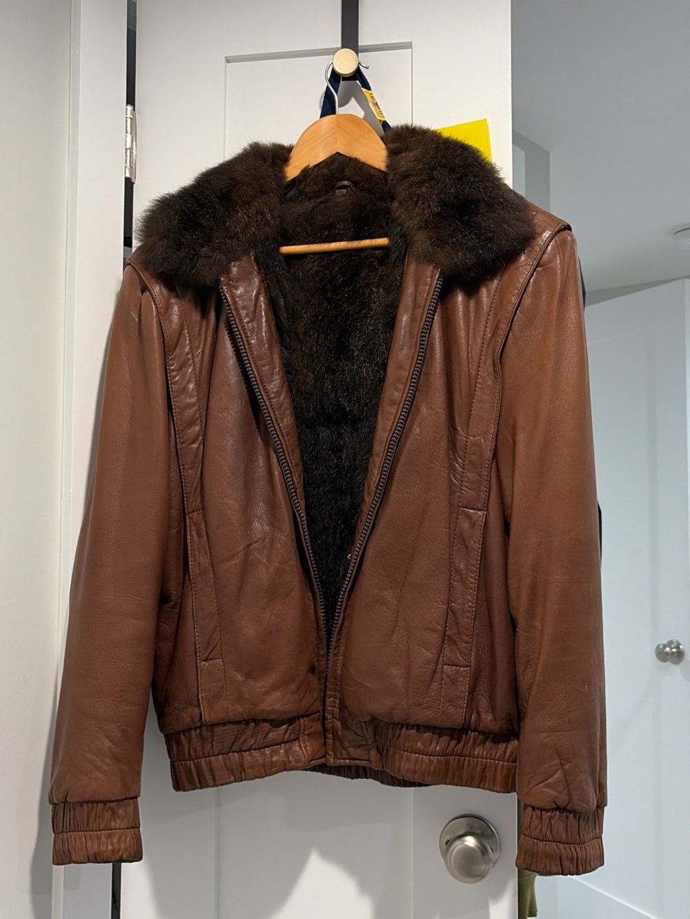 Vintage Brown Leather Bomber Jacket with Dark Fur Collar